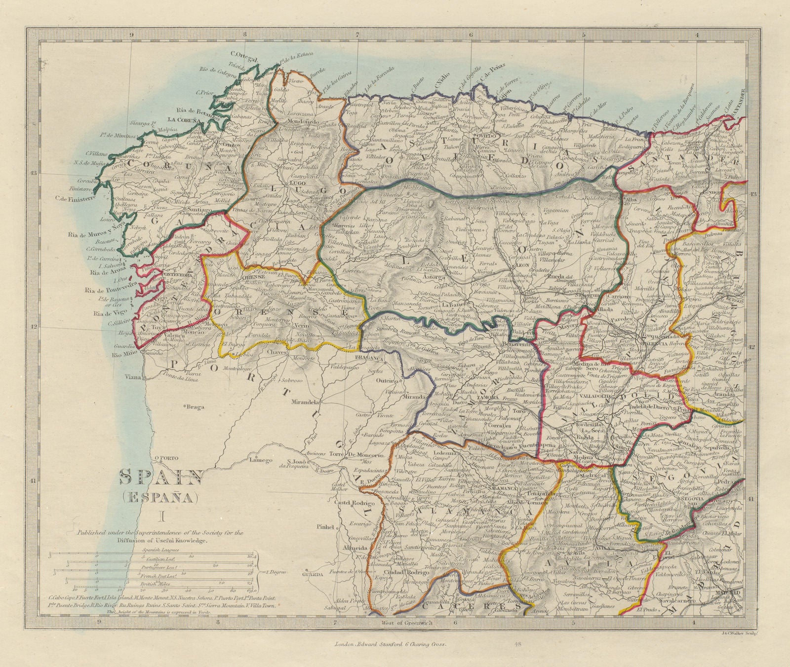 SPAIN NW. Galicia Leon Asturias Zamora Palencia Toro Salamanca. SDUK 1874 map